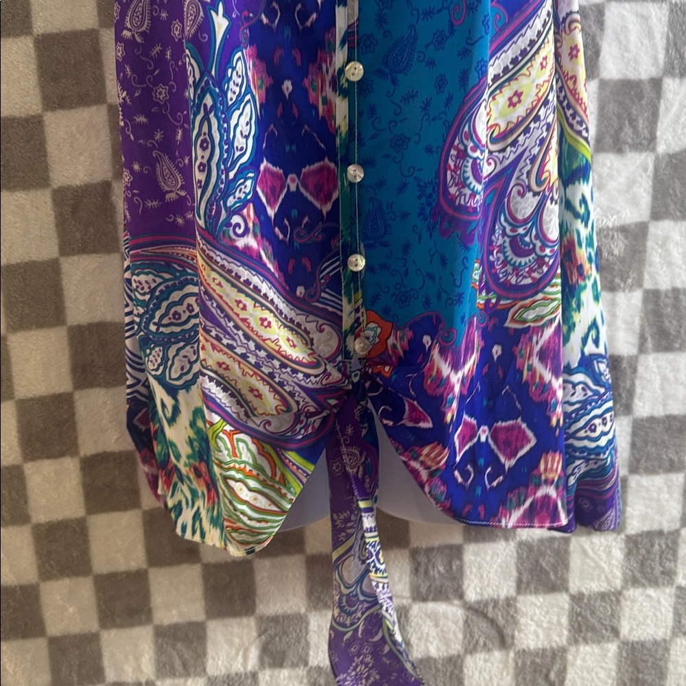 Chicos Women’s Open Shoulder Blue Paisley Button Up Top With Tie Front Size 2X - Picture 4 of 10